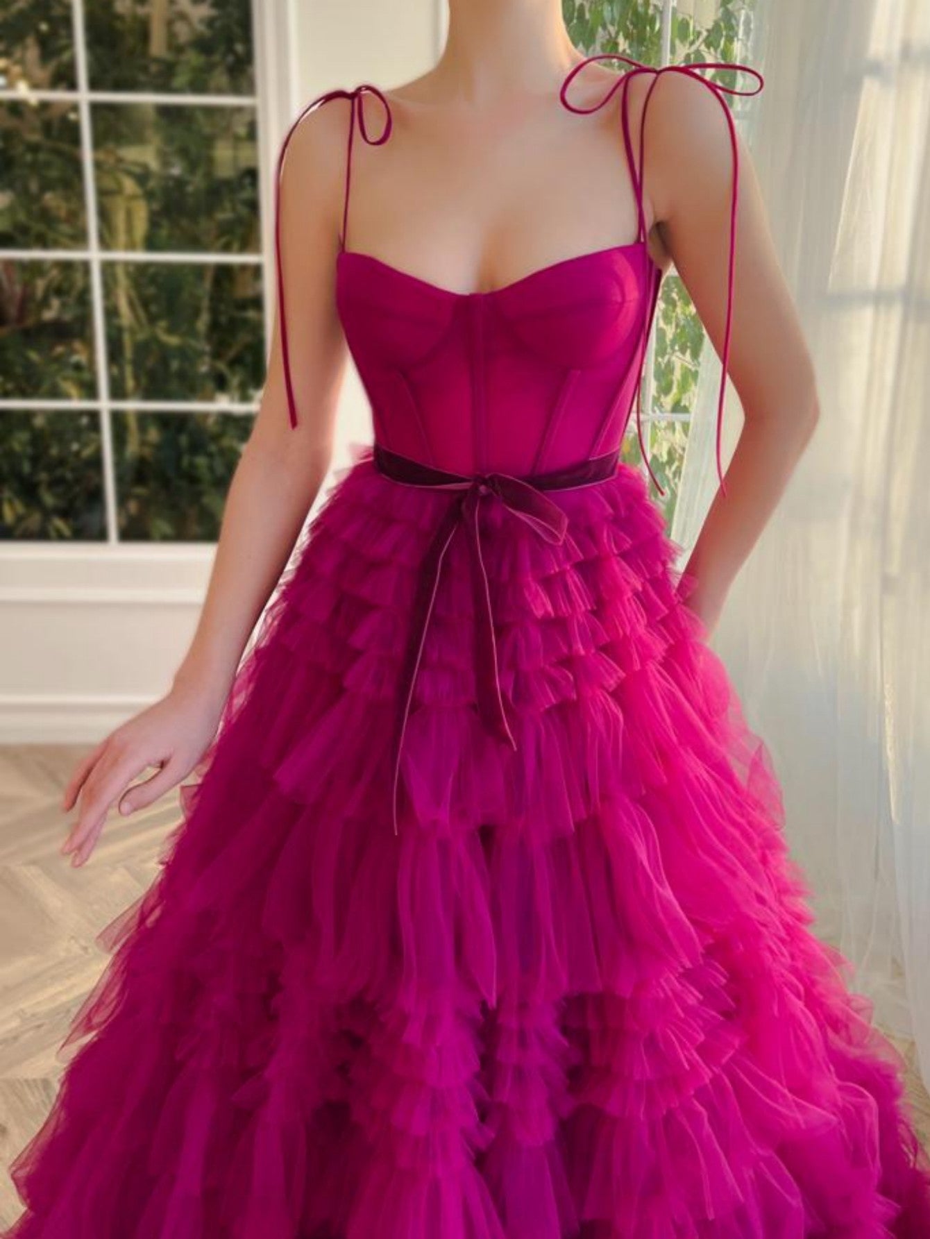 Blair |A Line Strapless Fuchsia Tiered Long Tulle Prom Dress