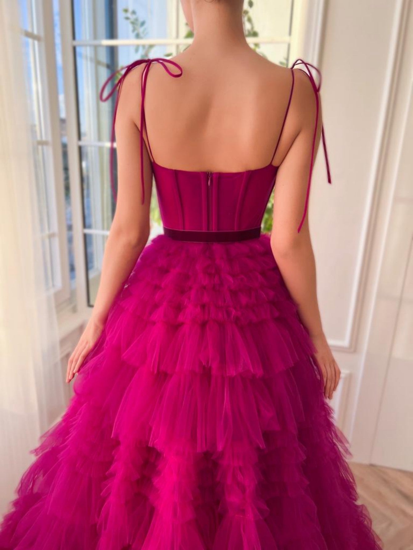 Blair |A Line Strapless Fuchsia Tiered Long Tulle Prom Dress
