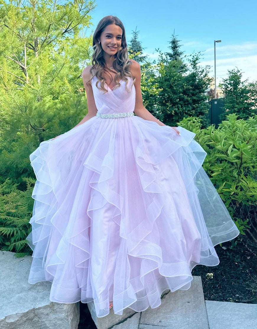 Salem |A-Line V-Neck Ruffled Tulle Prom Dress With Belt