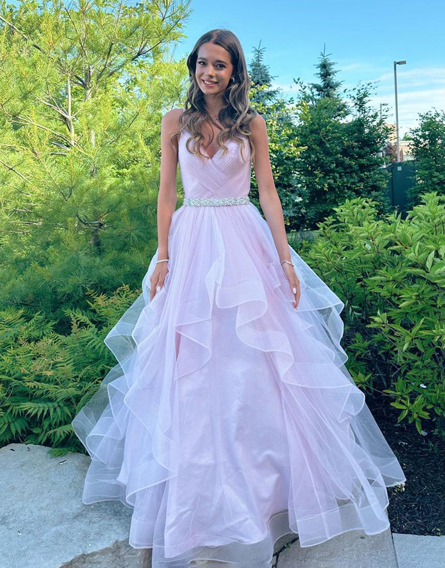 Salem |A-Line V-Neck Ruffled Tulle Prom Dress With Belt