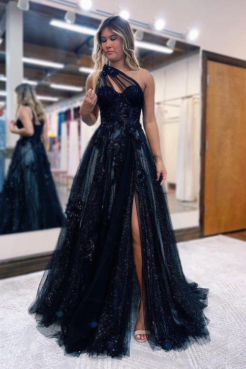A Line One Shoulder Black Long Prom Dress with Appliques | KissProm