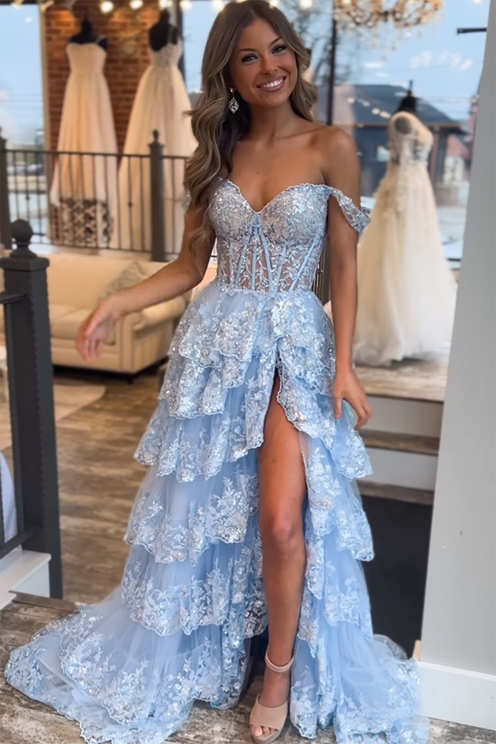 Princess A Line Off the Shoulder Corset Prom Dress with Lace Ruffles