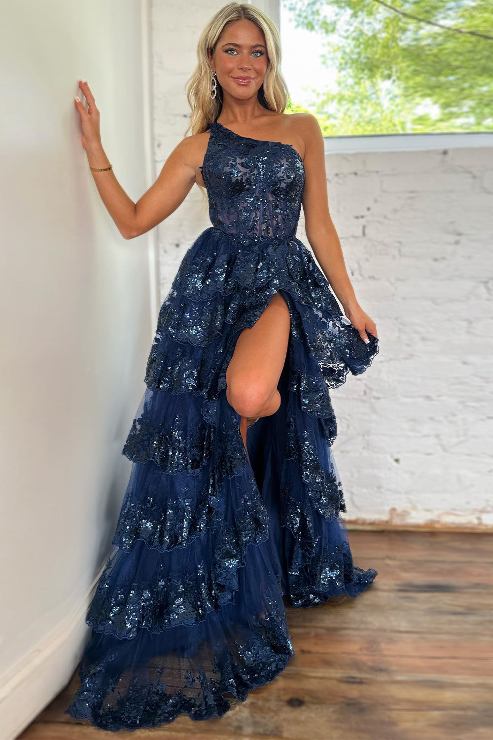 Livia |Sheath One Shoulder Tiered Lace Long Prom Dress