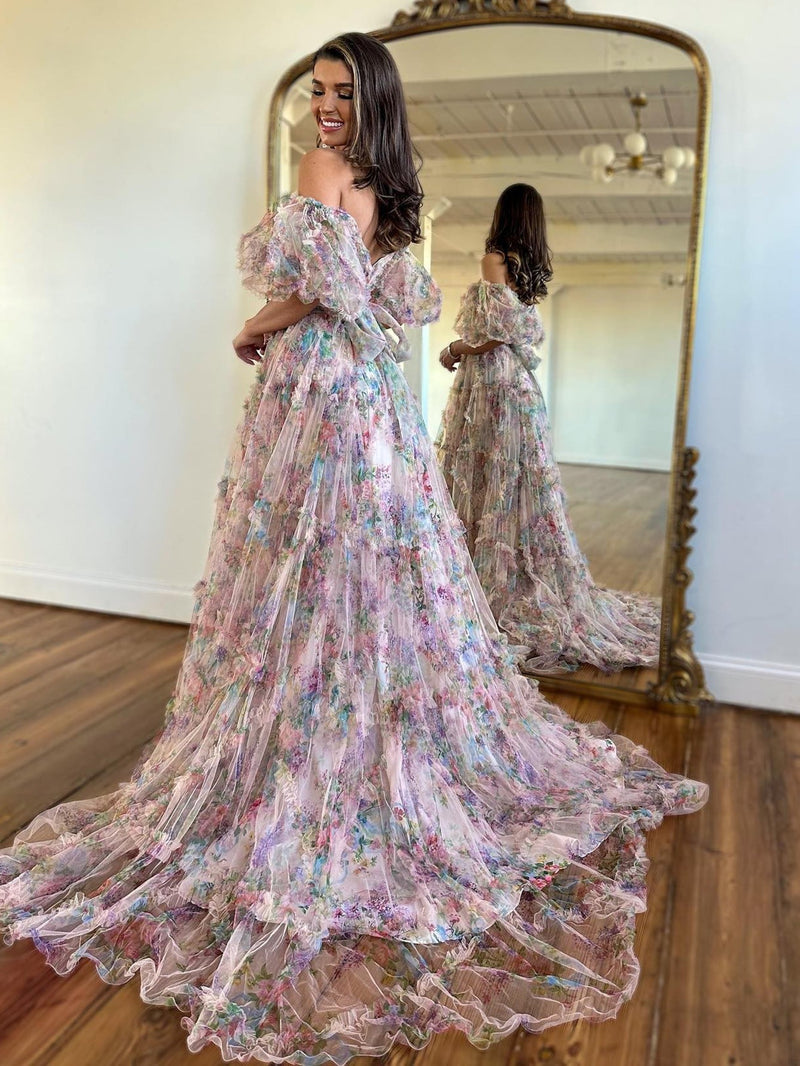 Sydney White A Line Off The Shoulder Floral Tulle Prom Dress | KissProm