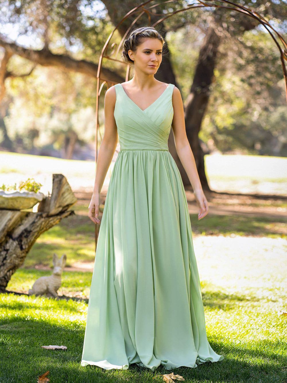 A-Line V-neck Floor-Length Chiffon Bridesmaid Dress | KissProm