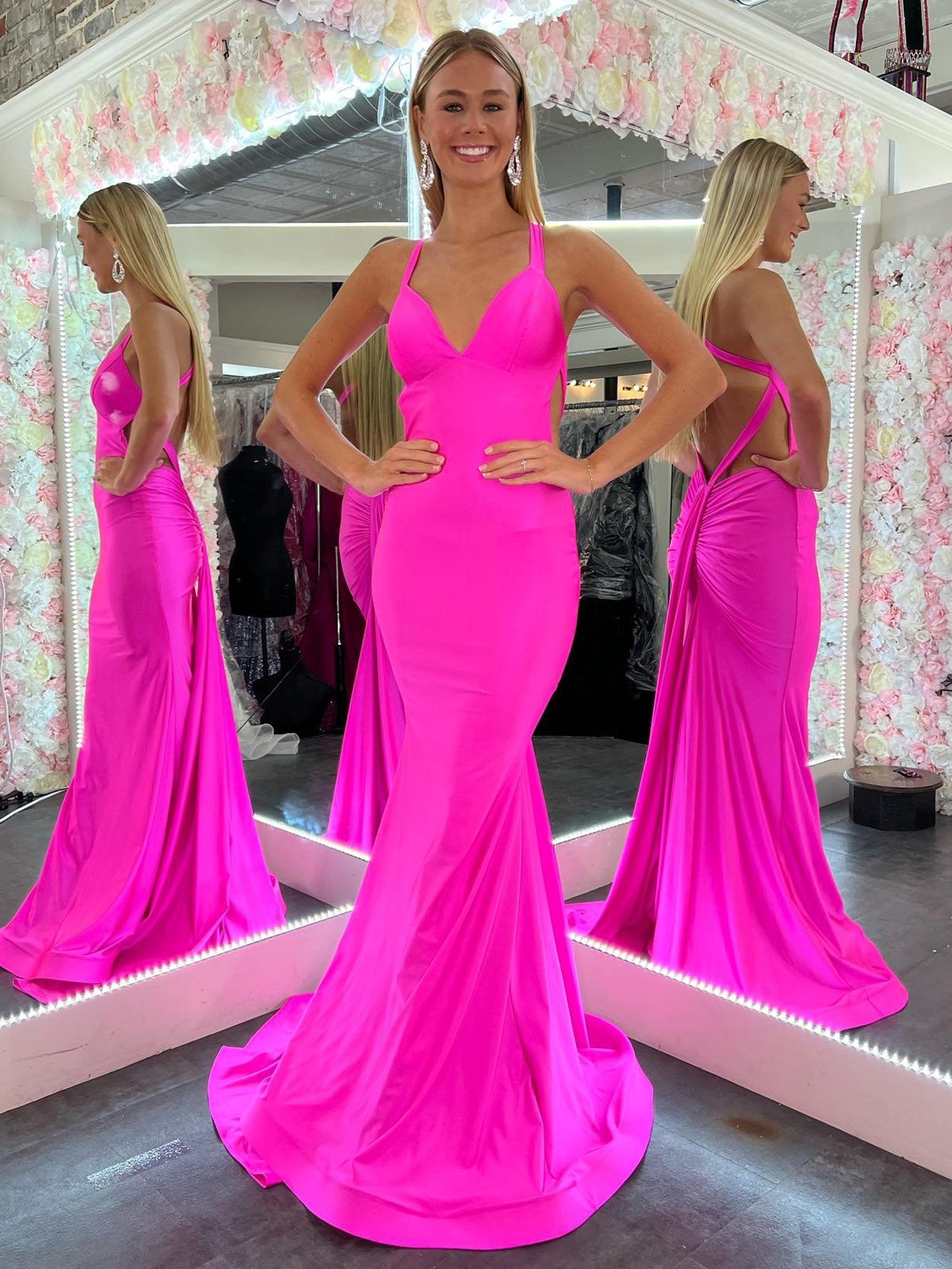 Angela |Mermaid Pink V Neck Backless Satin Long Prom Dress