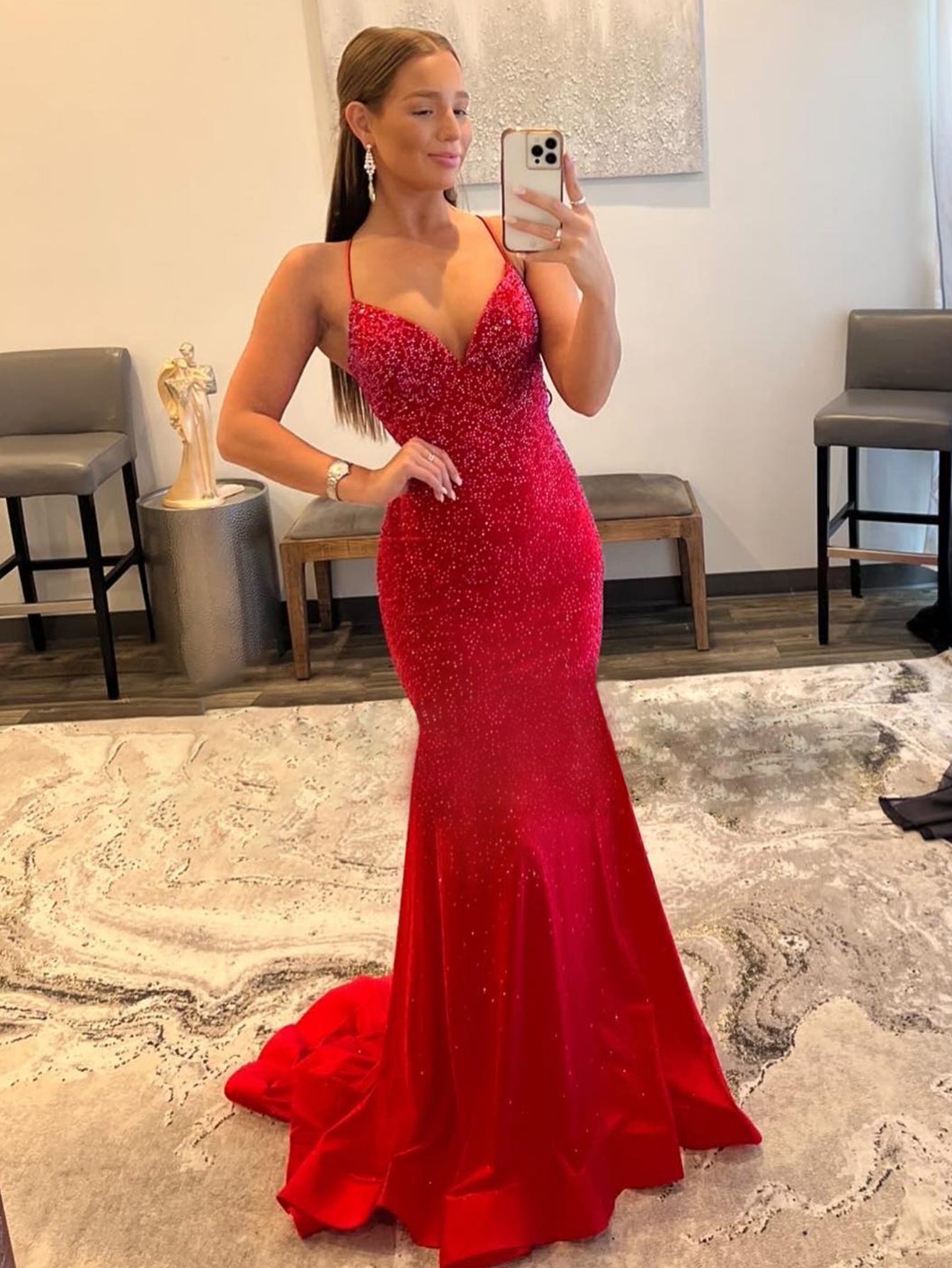 Malia |Mermaid V Neck Red Glitter Satin Prom Dress