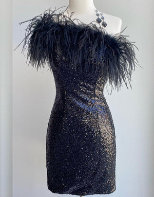 Yarah  |Sheath One Shoulder Blue Sequins Homecoming Dress with Feather