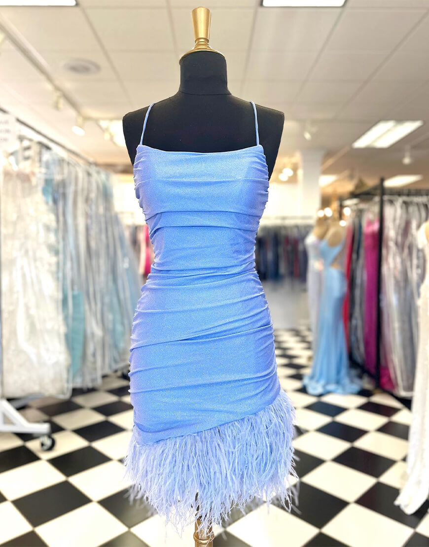 Anastasia |Sheath Blue Homecoming Dress with Feathers
