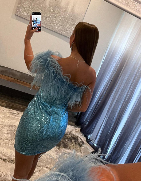 Yarah  |Sheath One Shoulder Blue Sequins Homecoming Dress with Feather
