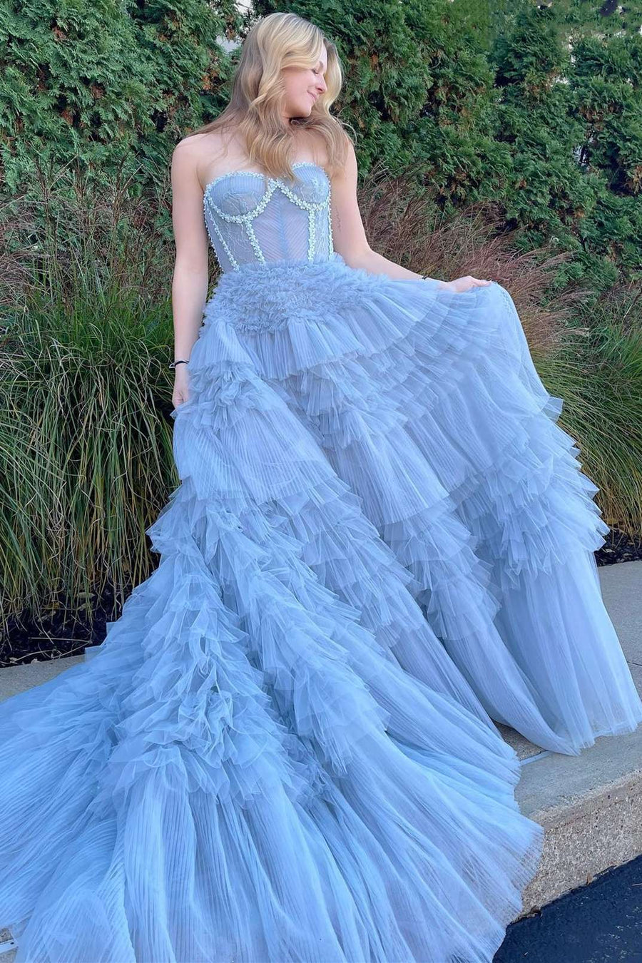 Jazlyn |Princess A-line Strapless Tiered Tulle Prom Dress