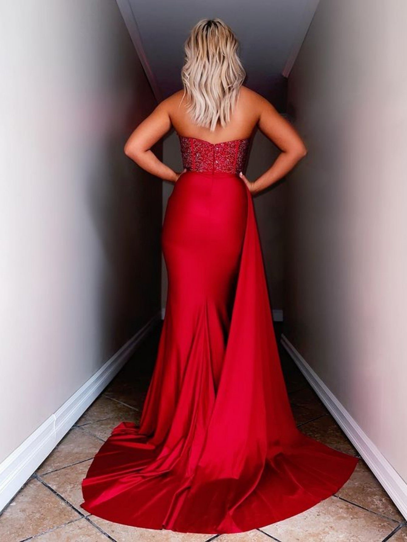 Ryann | Red Strapless Satin Long Prom Dress with Slit