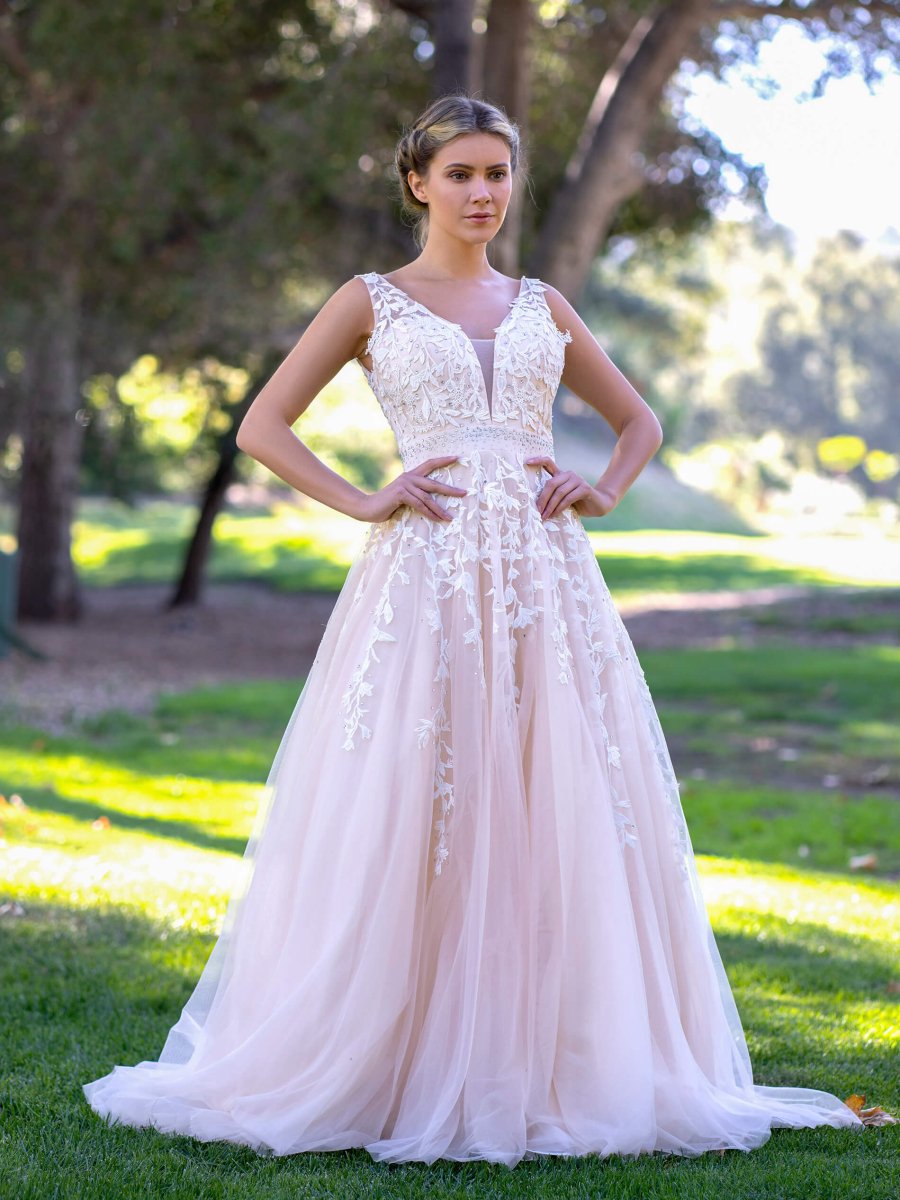 V - neck Applique Lace Tulle Sweep Train Prom Dress - KissProm