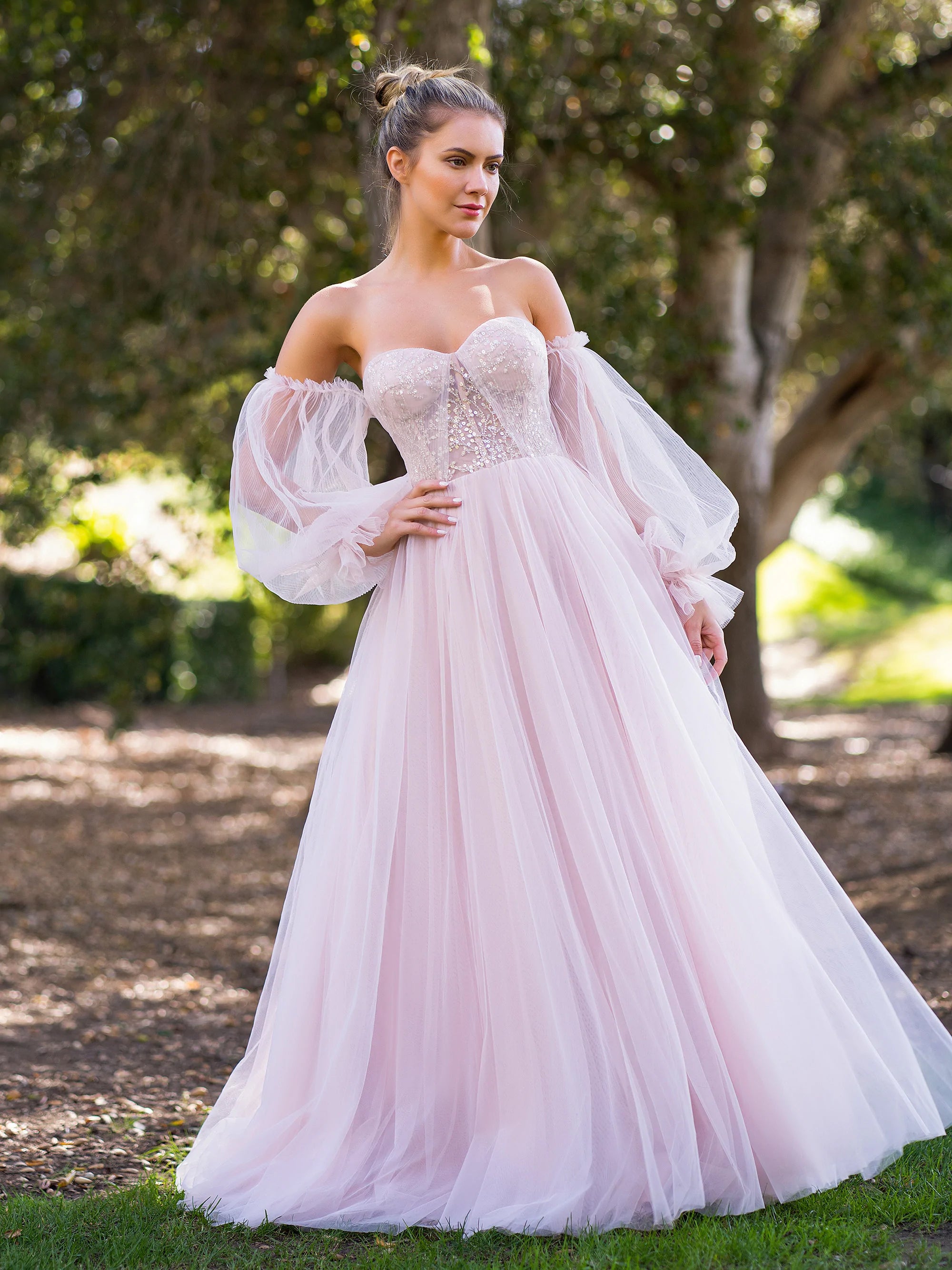 A-line Corset Off The Shoulder Floor Length Tulle Prom Dress with lace appliques