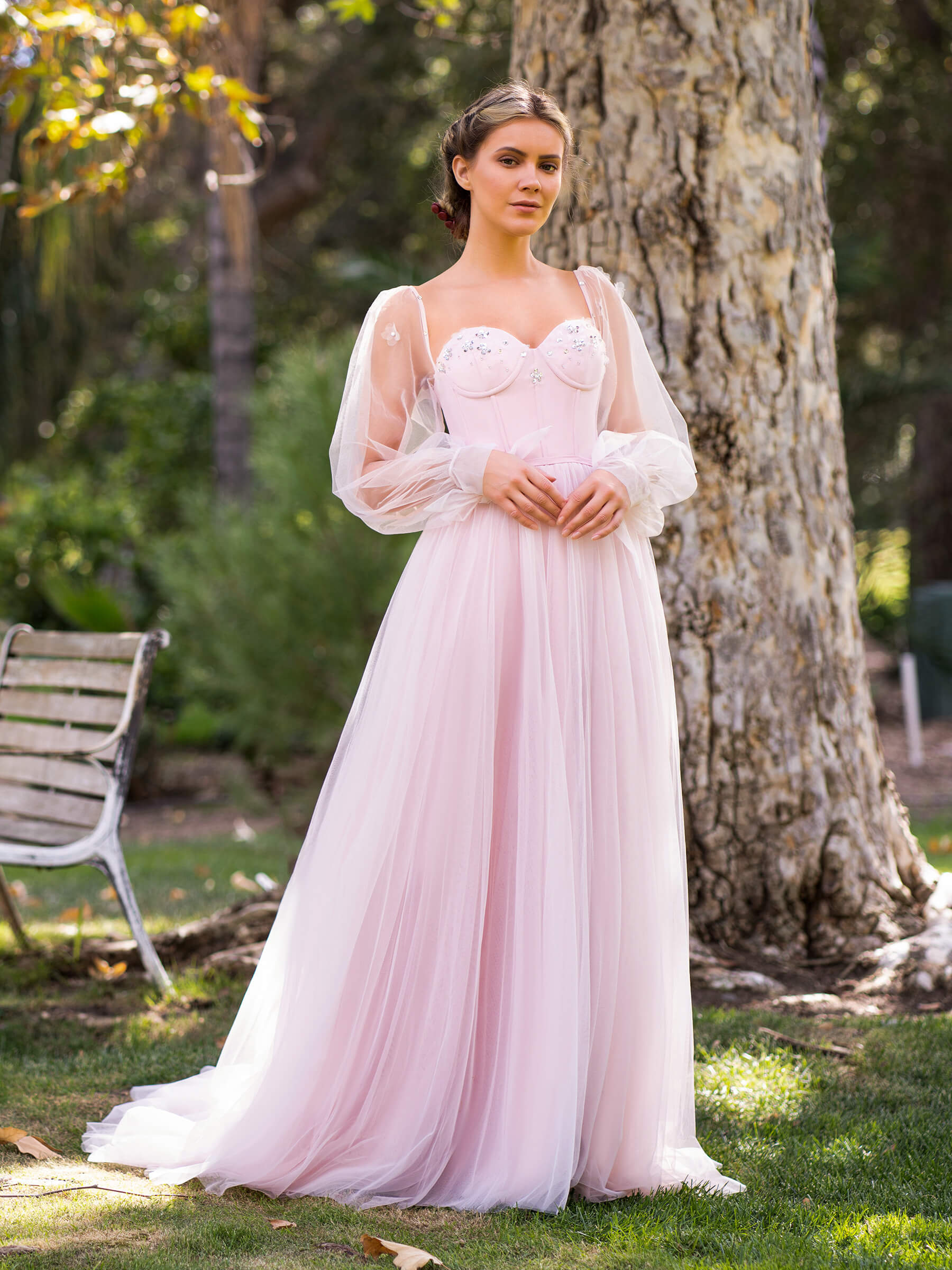 Corset Puffy Sleeves Floor Length Tulle Prom Dress | KissProm
