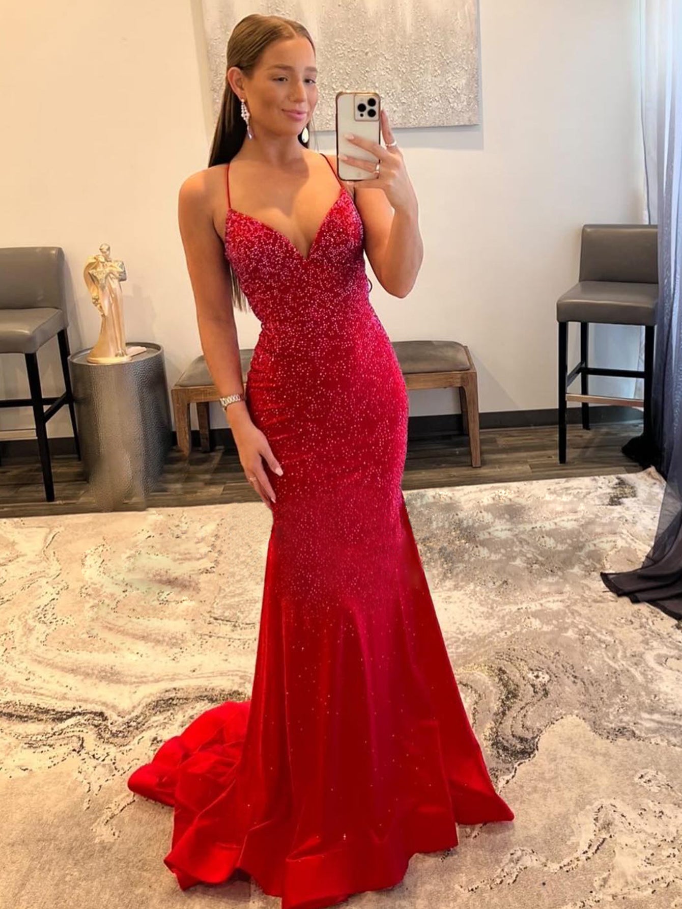 Malia |Mermaid V Neck Red Glitter Satin Prom Dress
