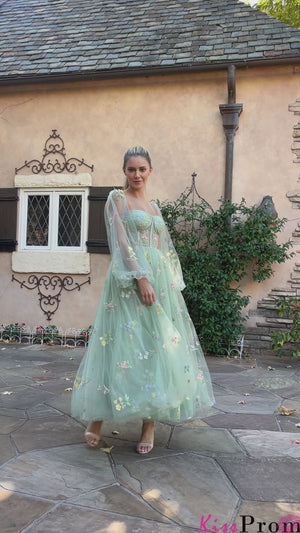 Square Neck Embroidery Tea-Length Tulle Puff Sleeves Floral Corset Prom Dress