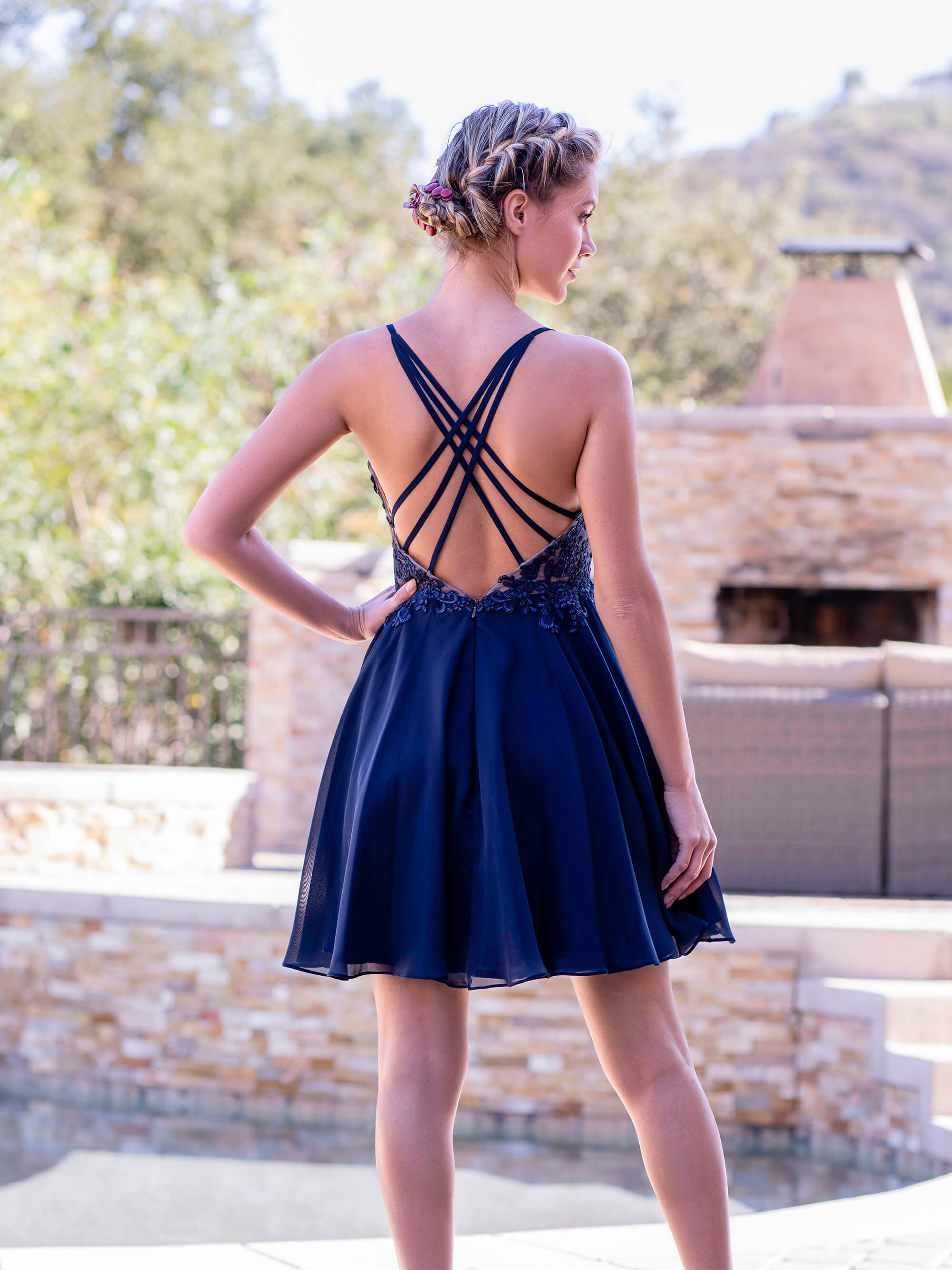 Deep V-applique Back Lace Up Mini Length Homecoming Dress