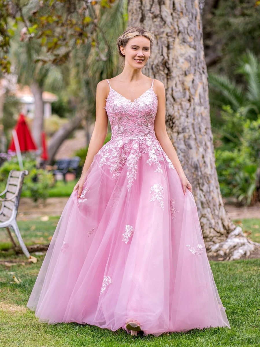 Deep VNeck Applique Lace Floor Length Tulle Prom Dress KissProm