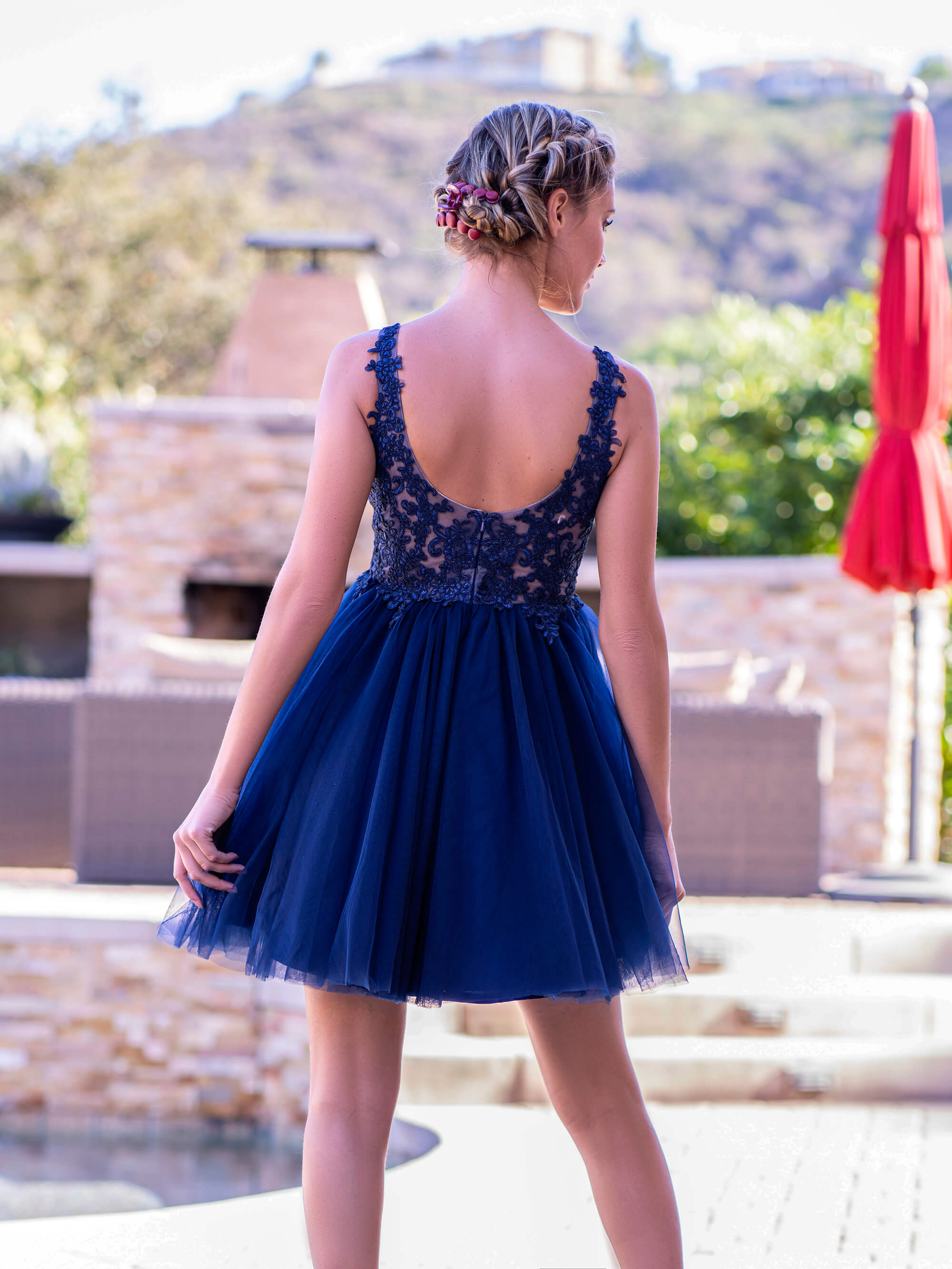 Deep V-neck Lace Tulle Mini Length Homecoming Dress