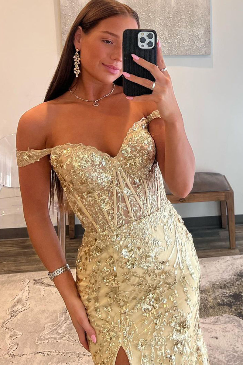Soleil | Gold Sequin Lace Off the Shoulder Mermaid Prom Dress