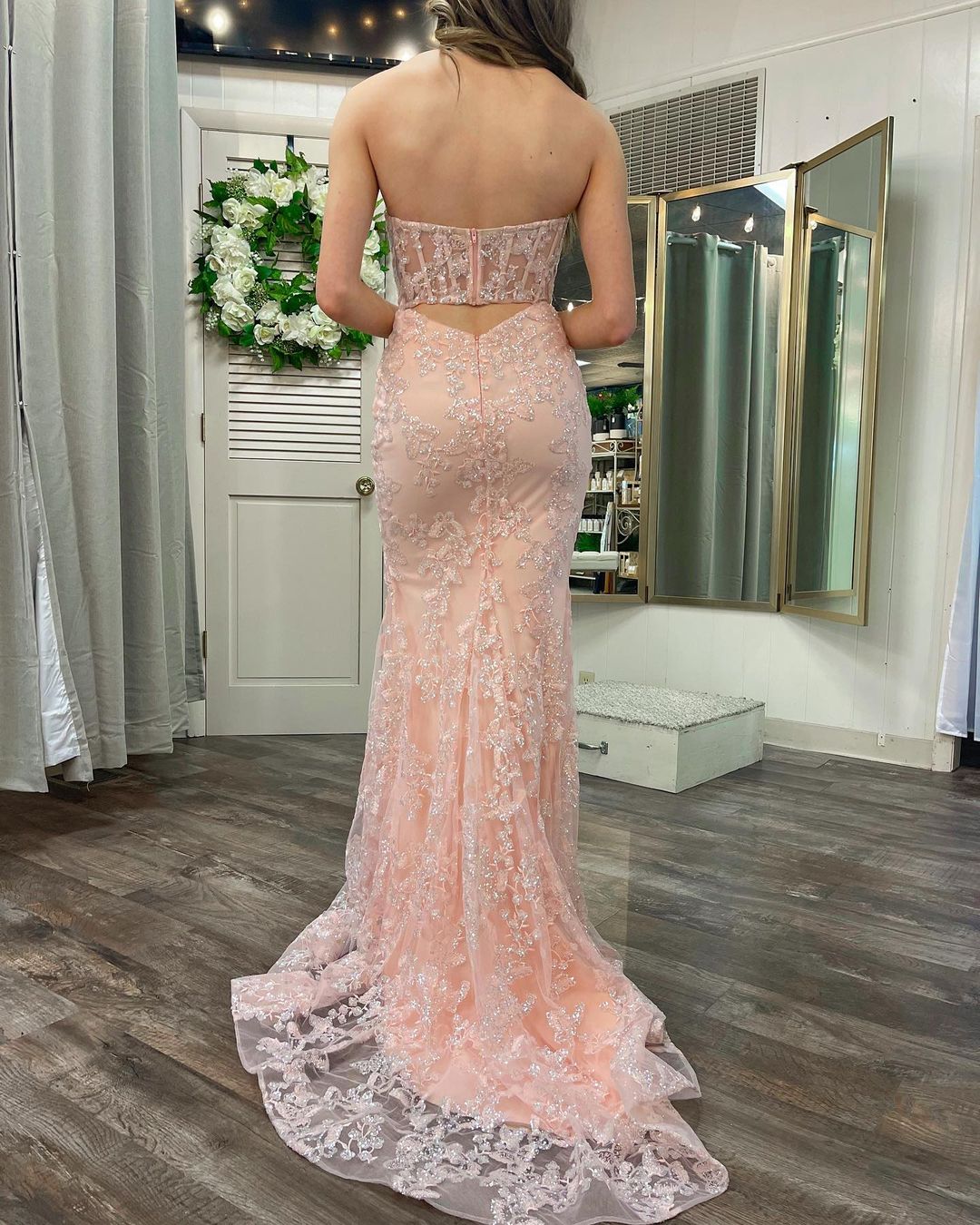 Michaela Light Pink Mermaid Sweetheart Sequined Lace Long Prom Dress