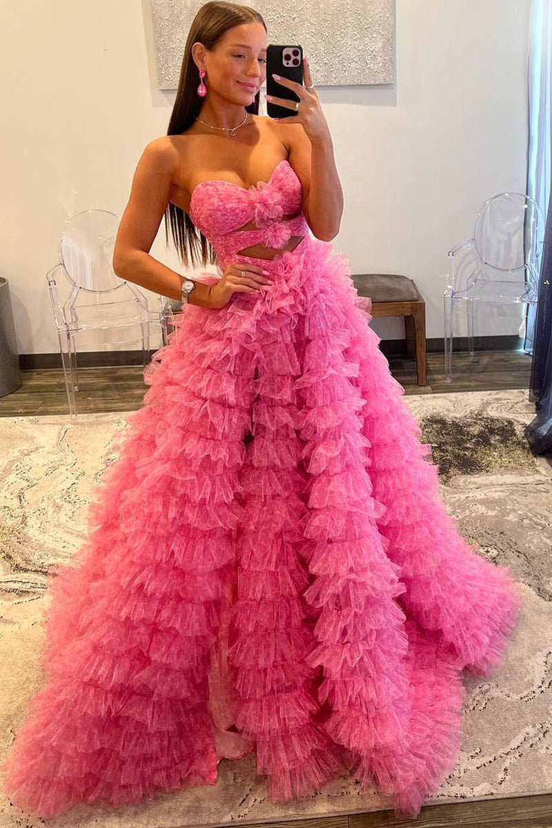 Reyna |Ball Gown Sweetheart Pink Tiered Printed Tulle Prom Dress