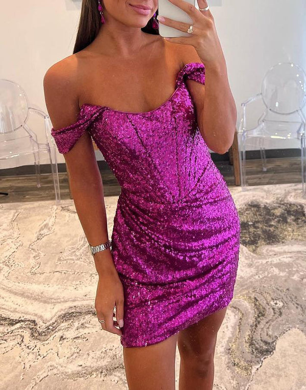 Zinnia |Sheath Off the Shoulder Sequin Homecoming Dress