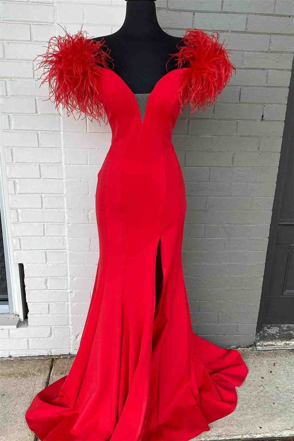 Plunging V-Neck Off the Shoulder Feathered Red Long Party Dress