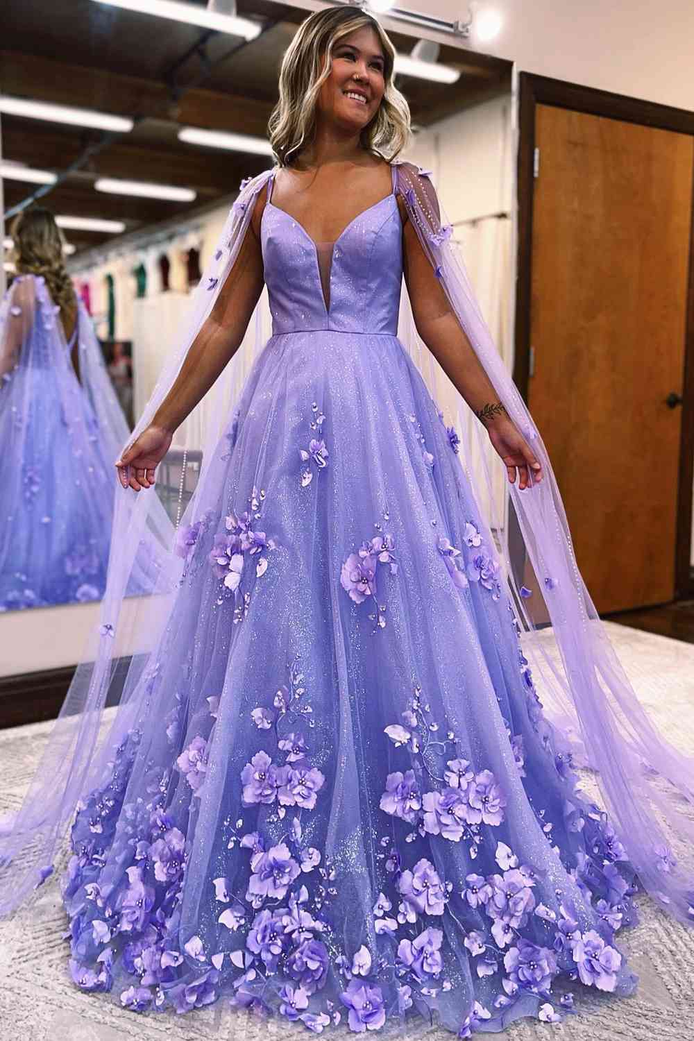 Princess Lavender 3D Flowers Tulle Formal Dress with Cape