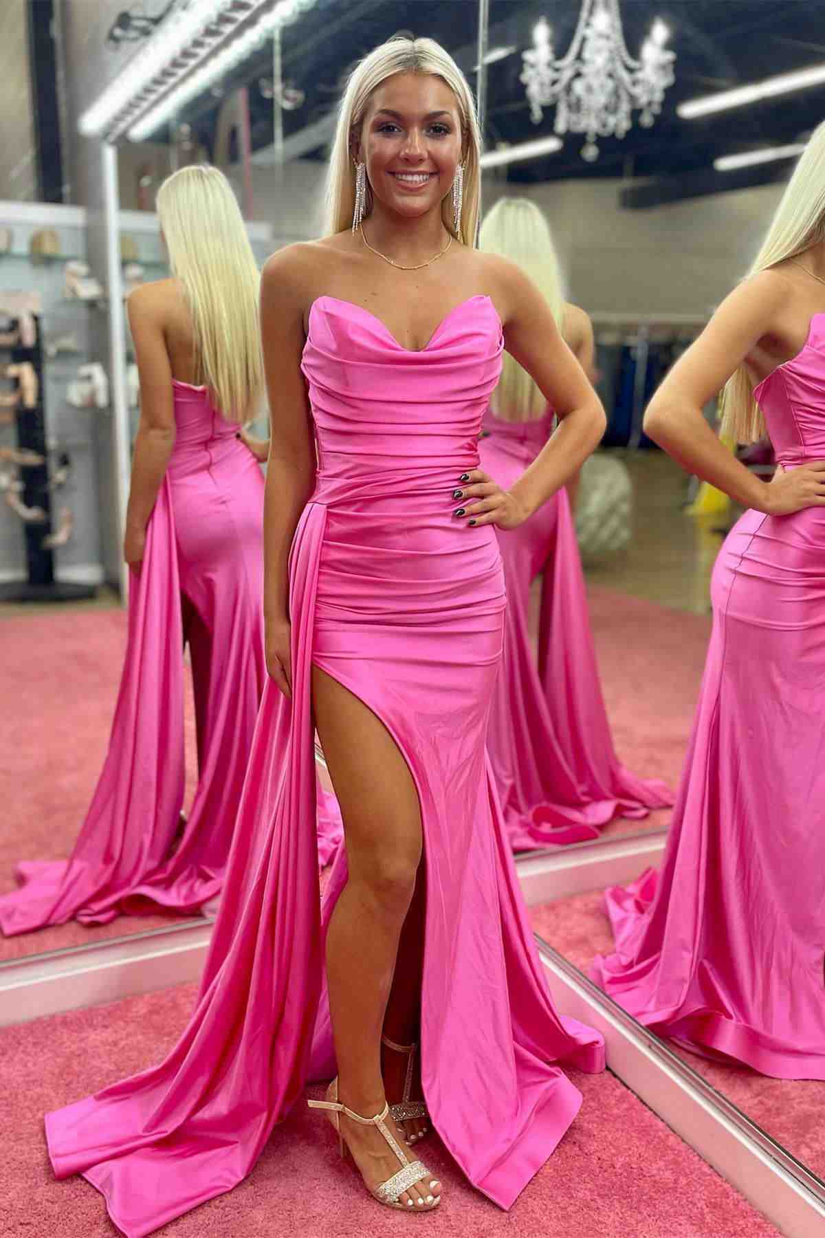Jovie | Strapless Hot Pink Pleated Long Prom Dress with Slit