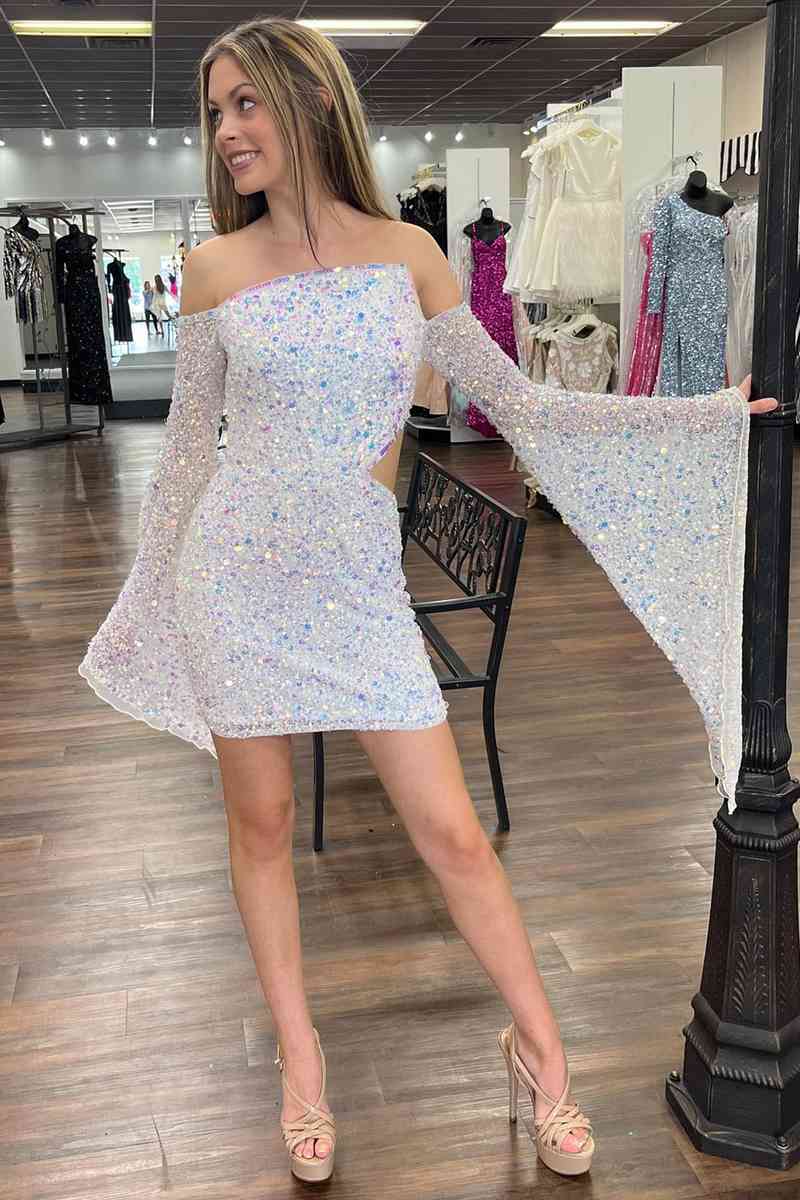 Fitted Sequins White Long Sleeves Short Homecoming Dress