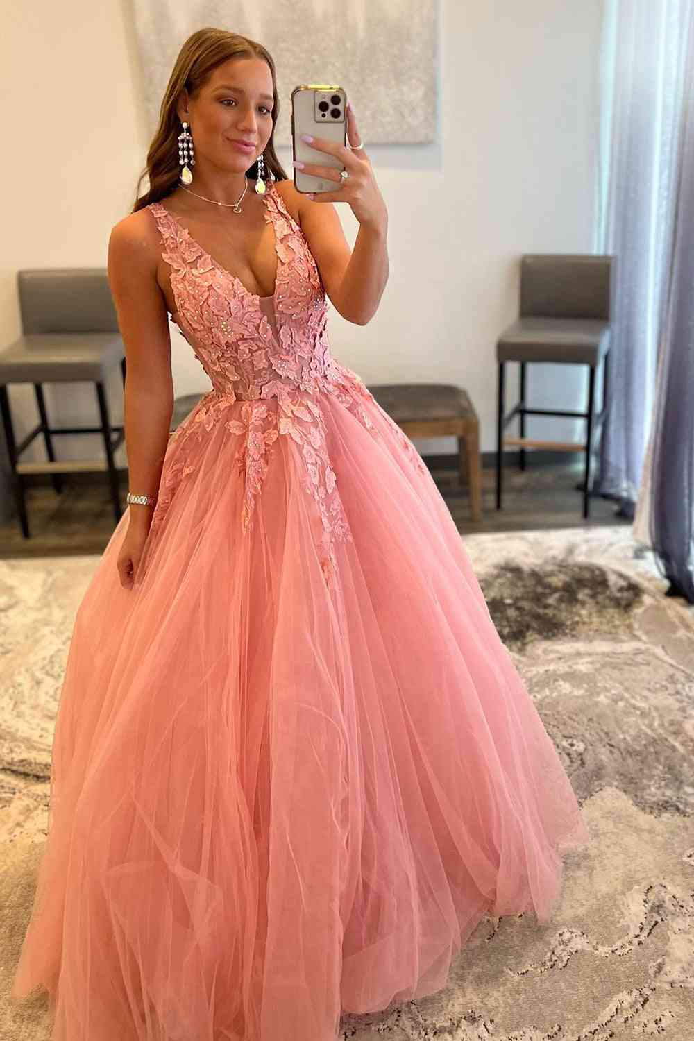Marigold |A-Line V-Neck Long Tulle Prom Dress with Appliques