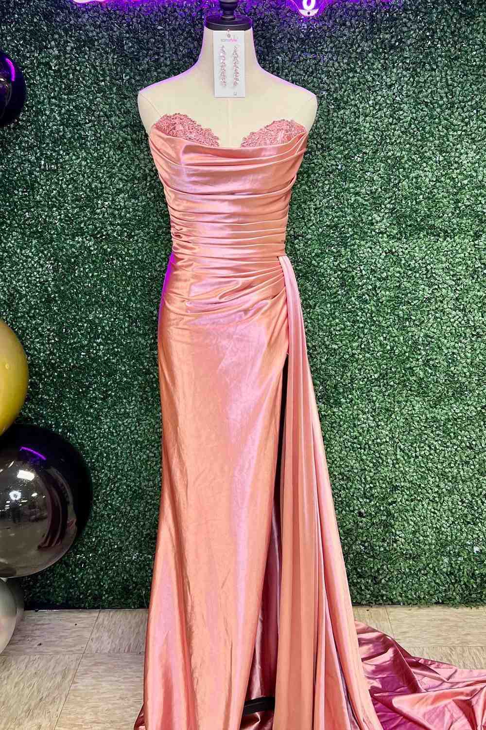 Fuchsia Strapless Mermaid Satin Pleated Long Prom Dress