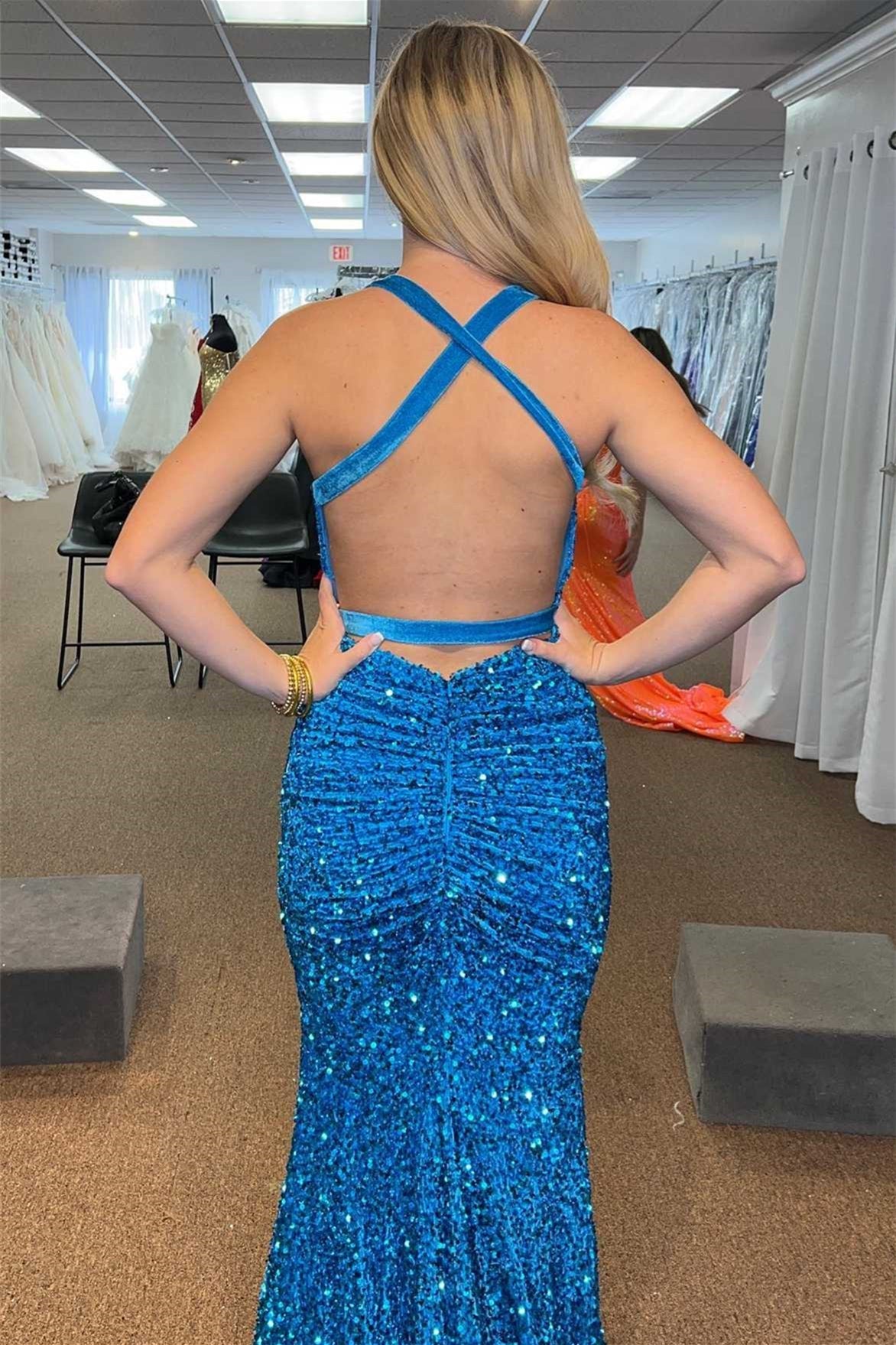 Mermaid V Neck Crossed Back Sequins Sweeping Long Prom Dress