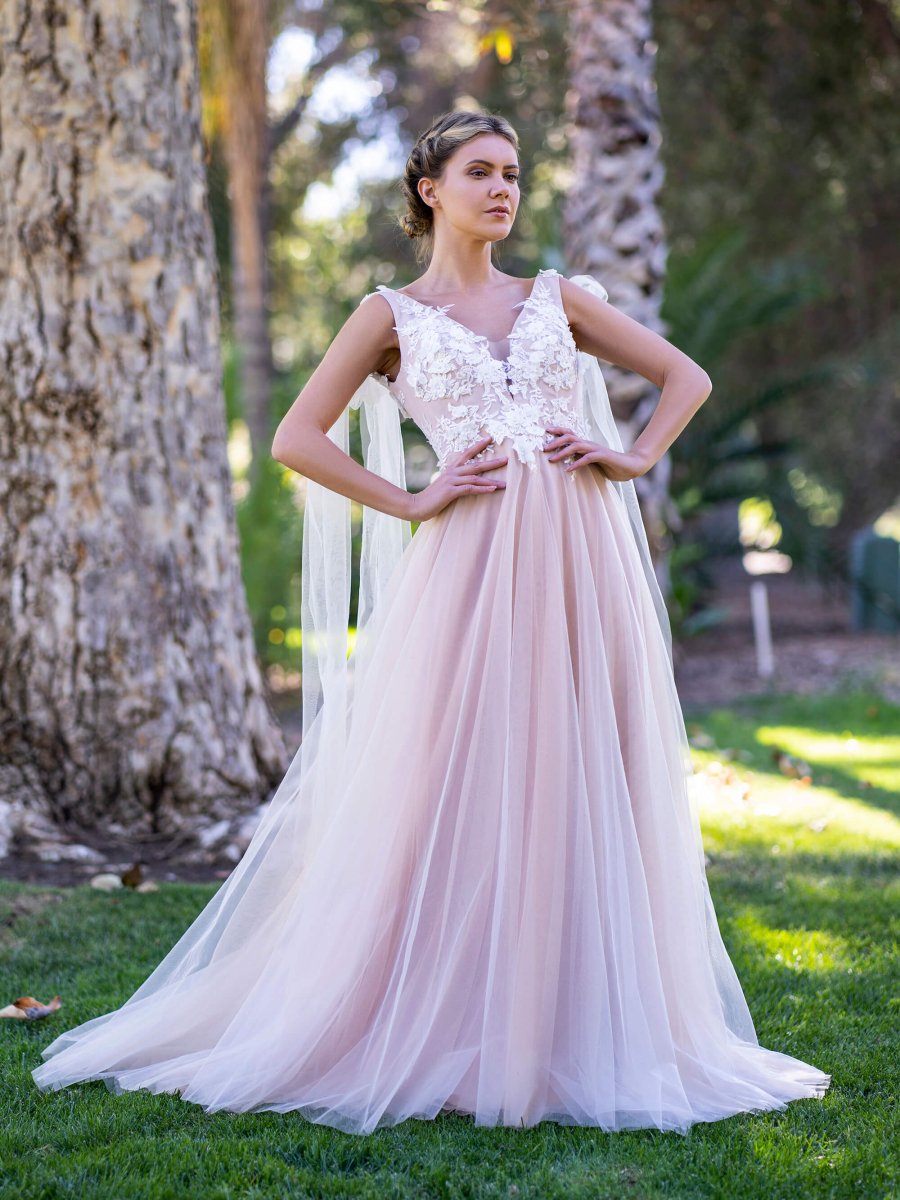 V - neck Lace Tulle Bow Straps Sweep Train Prom Dress - KissProm