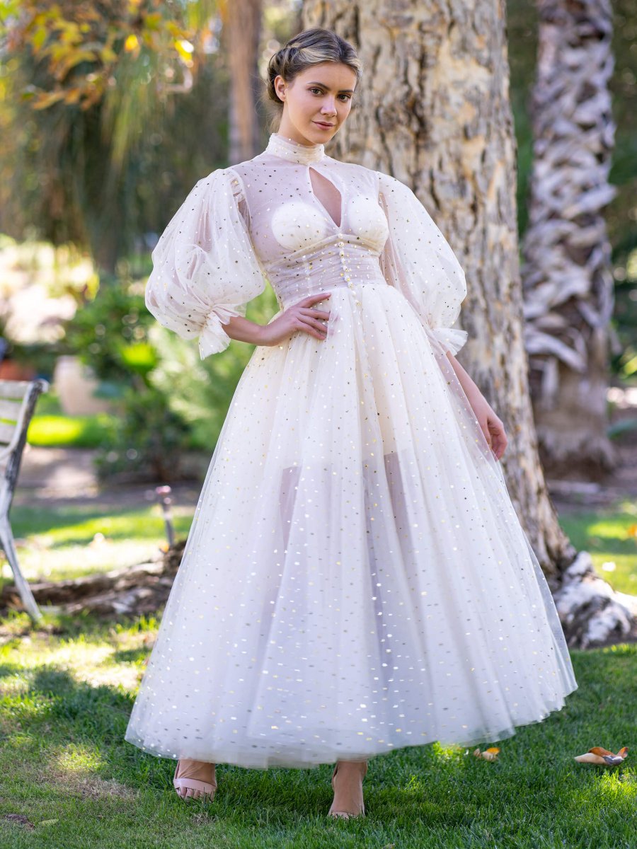 Stand Collar with Ruffle Cuffs front Slit Prom Dress - KissProm