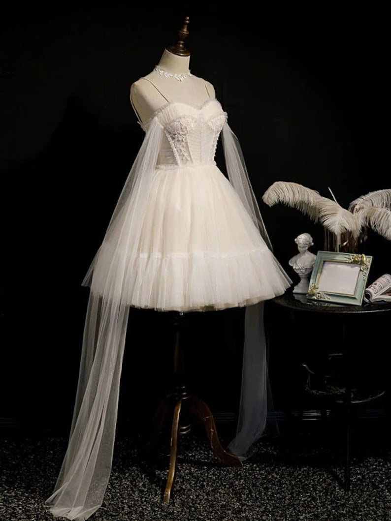 Corset Tulle Bow Spaghetti Straps Floor Length Prom Dress, White / 14