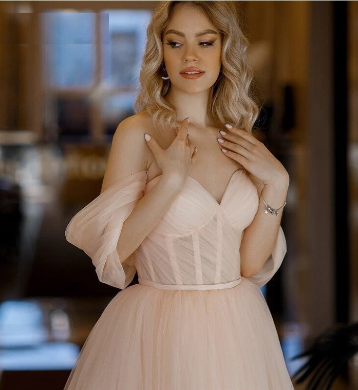 Regina |A Line Pink Tulle Tea Length Prom Dress