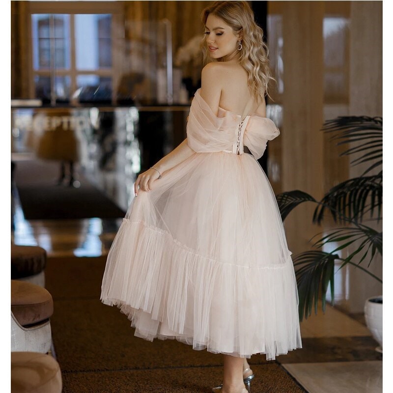 Regina |A Line Pink Tulle Tea Length Prom Dress