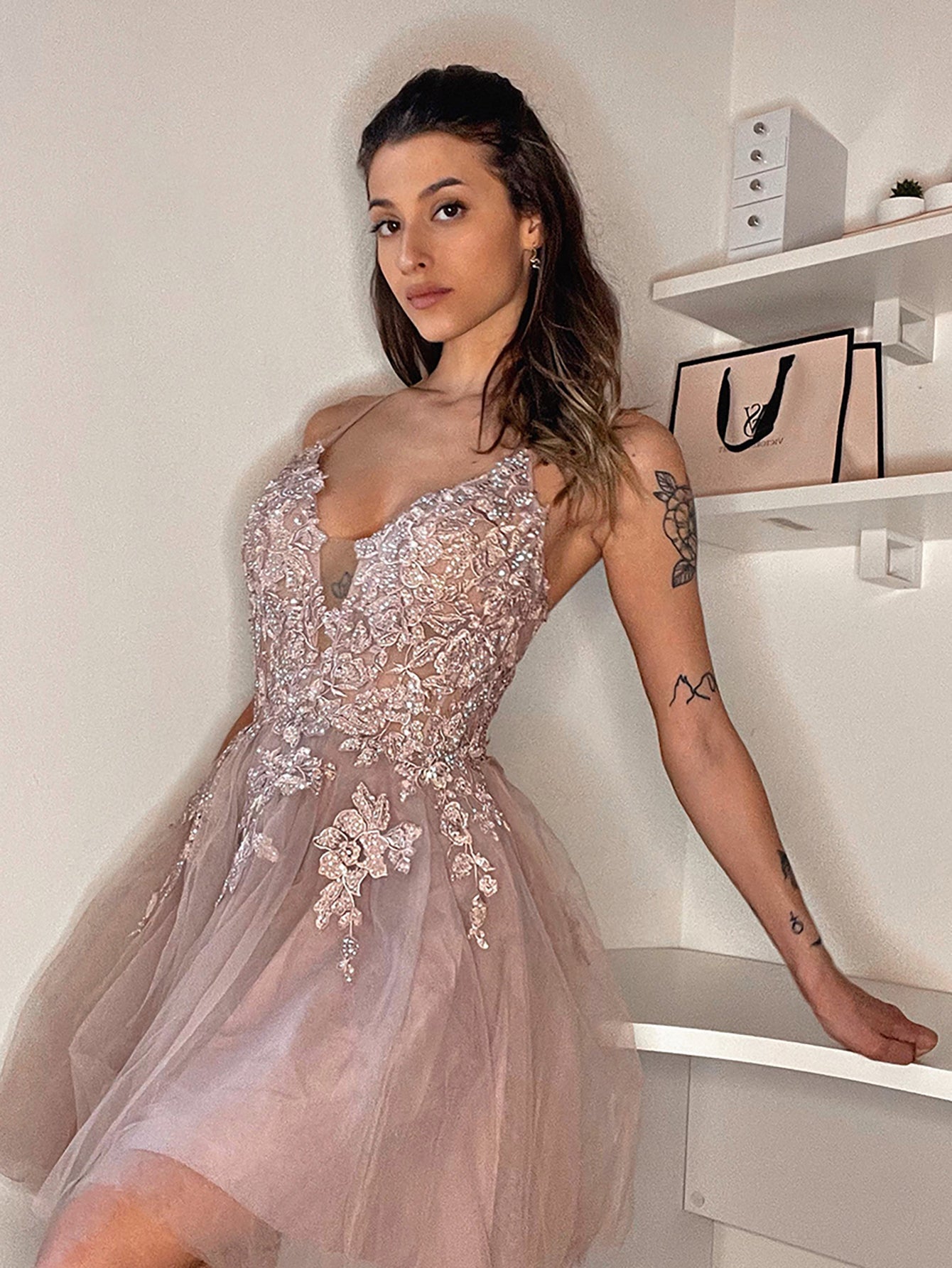 Anya | A Line Applique BlushTulle Short Homecoming Dress