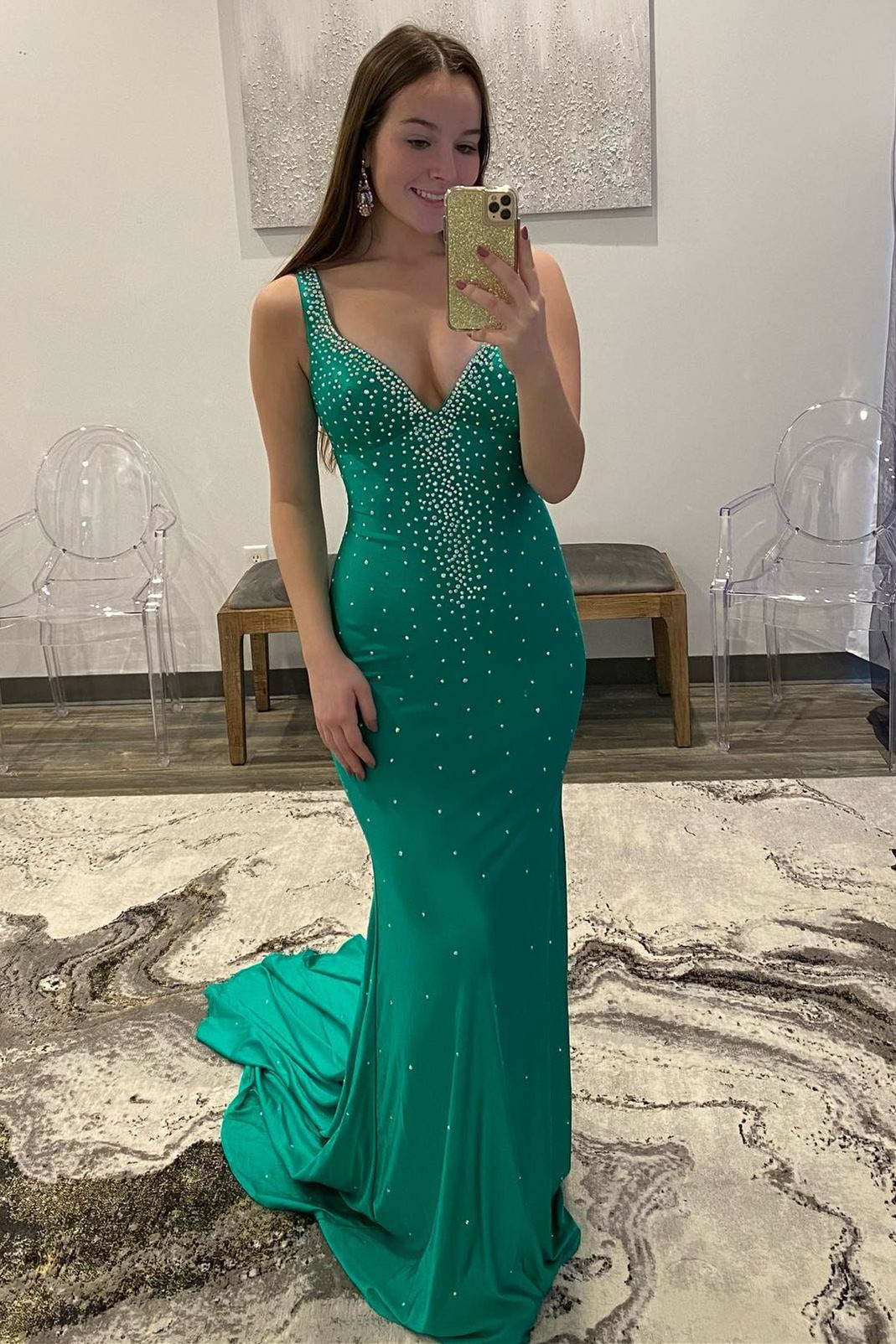 Elle |Mermaid V-Neck Beaded Satin Prom Dress with Cross Back