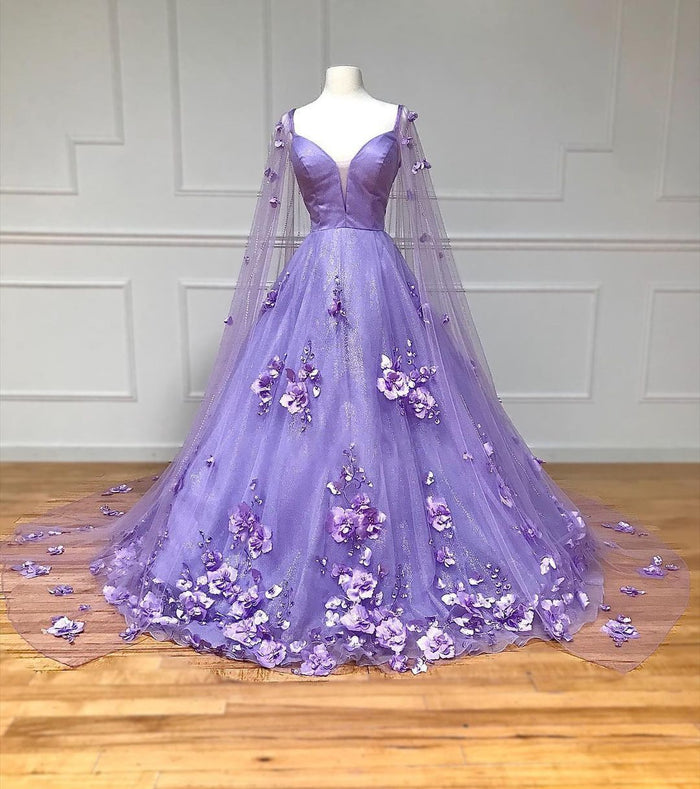 Lavender 3D Floral Lace A-Line Prom Dress with Cape Sleeves | KissProm
