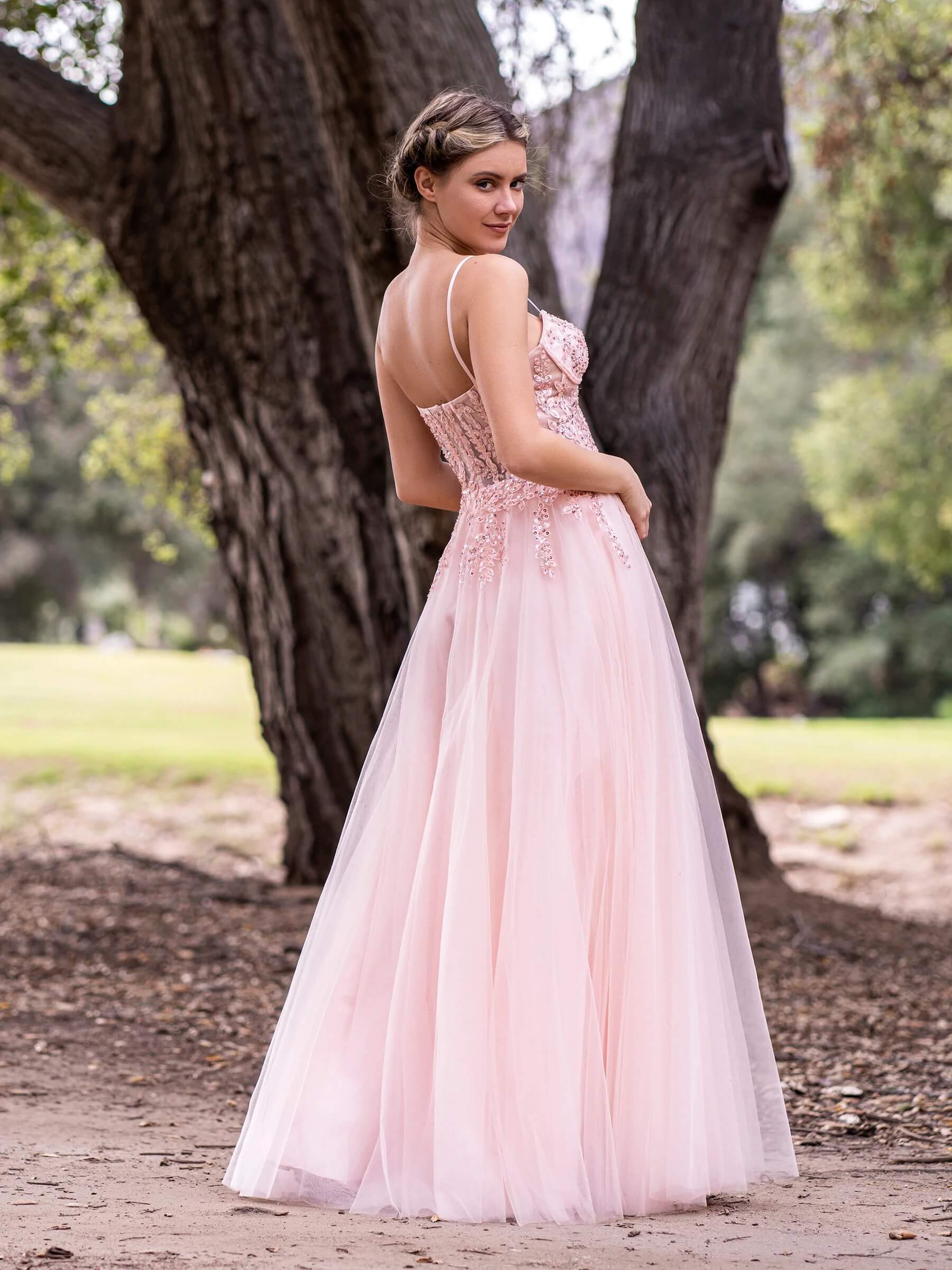 A line Spaghetti Straps Lace Floor Length Tulle Prom Dress with Slit