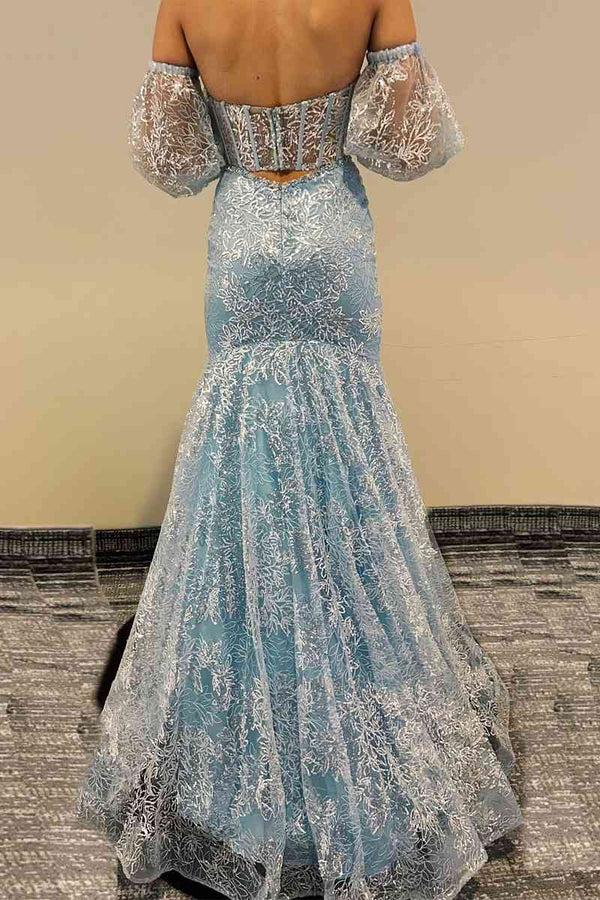 Peach Sweetheart Sheer Lace Corset Mermaid Prom Dress - KissProm