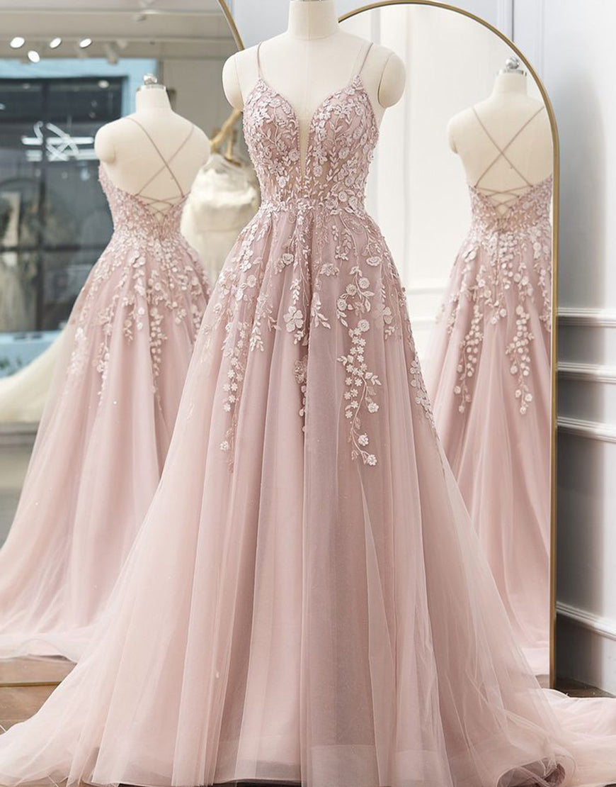 Frances |A-line Spaghetti Straps Tulle Prom Dress with Appliques