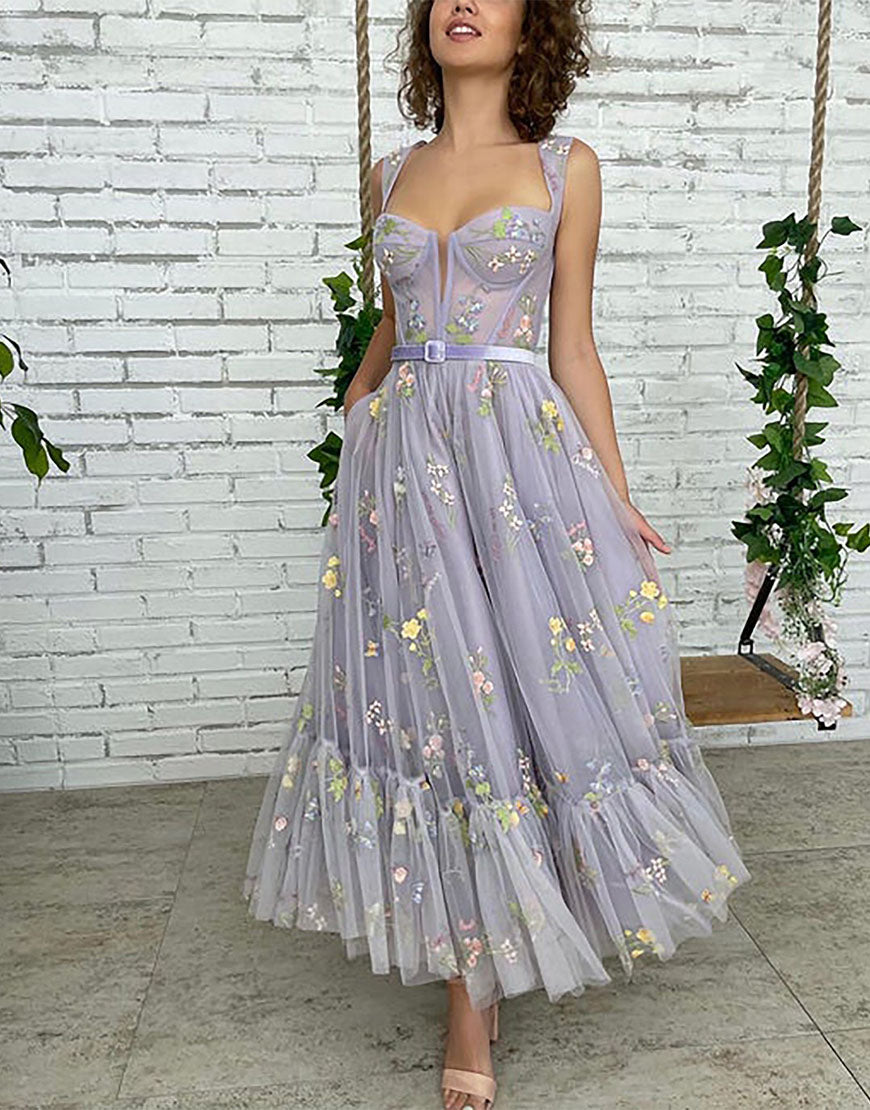 Alicia |A-line Lilac Tea Length Tulle Prom Dress with Embroidery