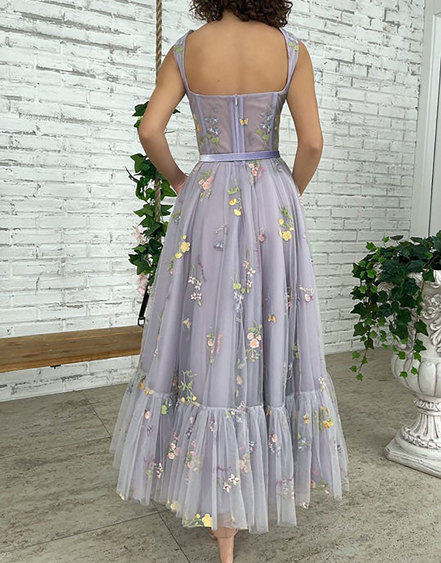 Alicia |A-line Lilac Tea Length Tulle Prom Dress with Embroidery