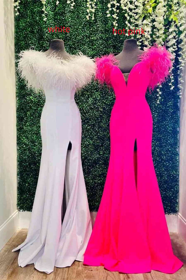 Plunging V - Neck Off the Shoulder Feathered Red Long Party Dress - KissProm