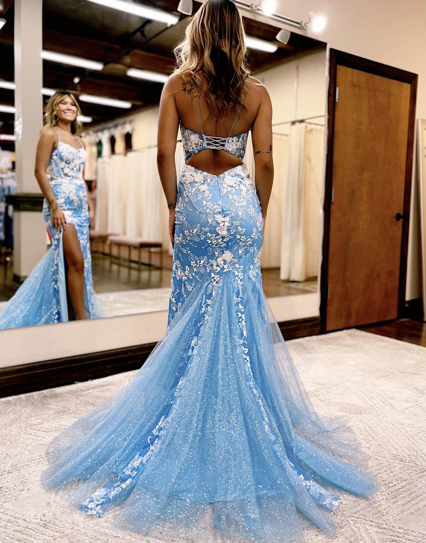 Aubrie |Mermaid Spaghetti Straps Lace Tulle Prom Dress with Slit